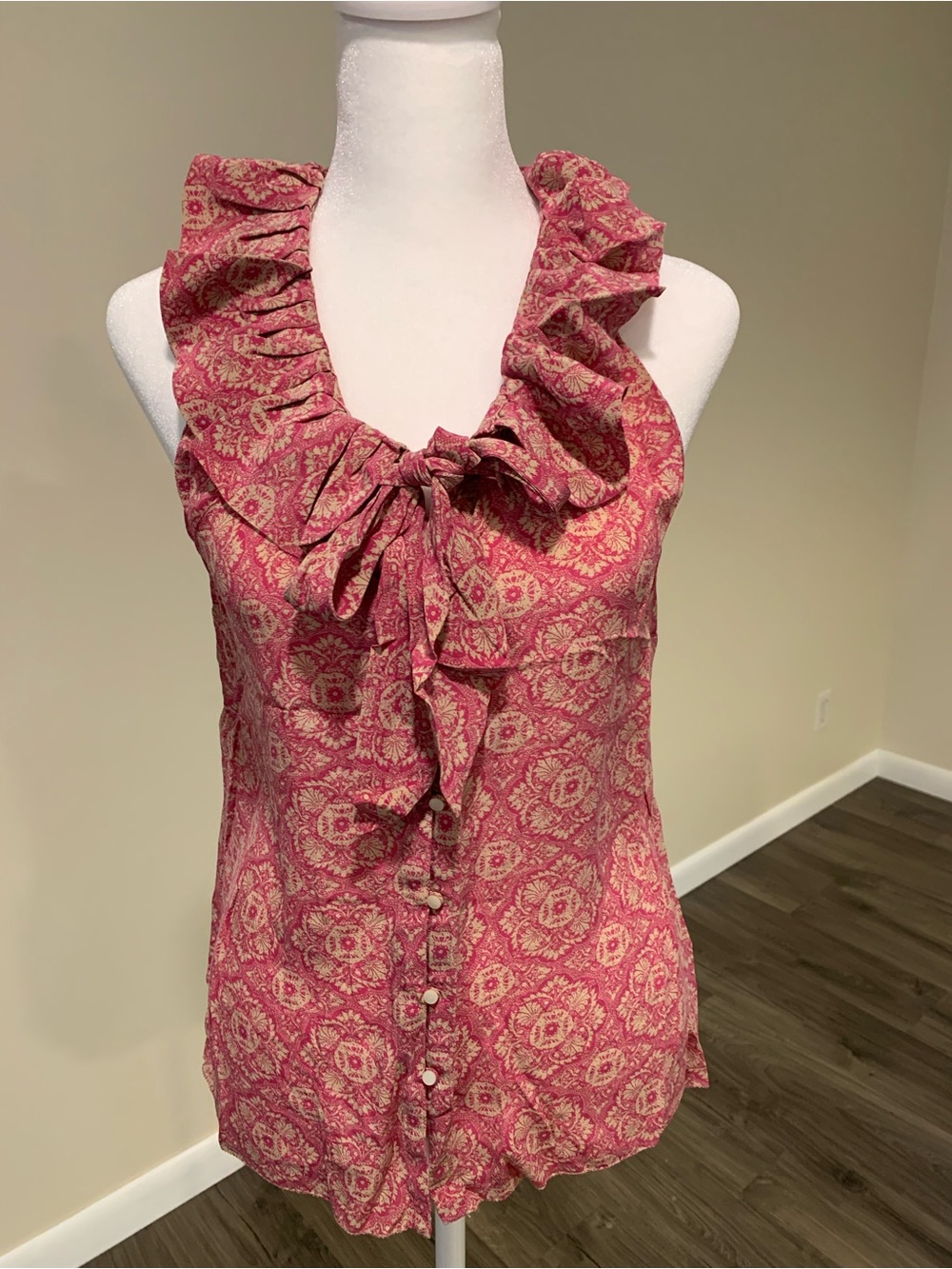 Banana Republic Pink Floral Ruffle Tie-Neck Blouse